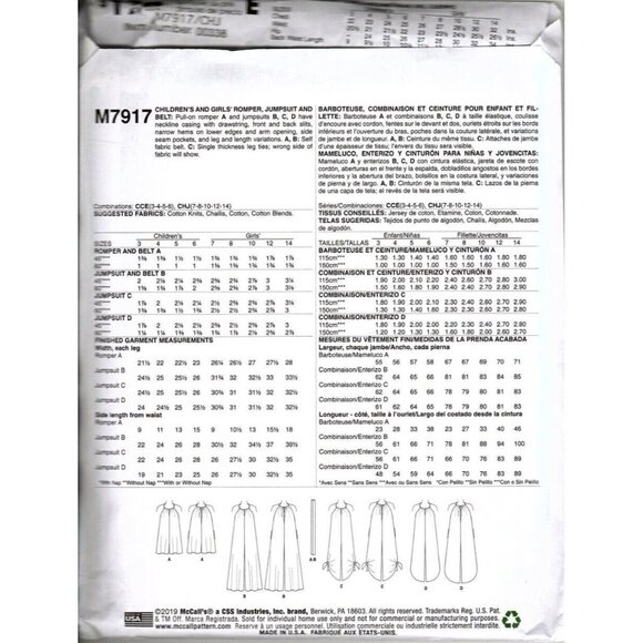 McCall's M7917 Girls 3 to 6 Rompers and Jumpsuits Uncut Sewing Pattern New - Picture 2 of 2